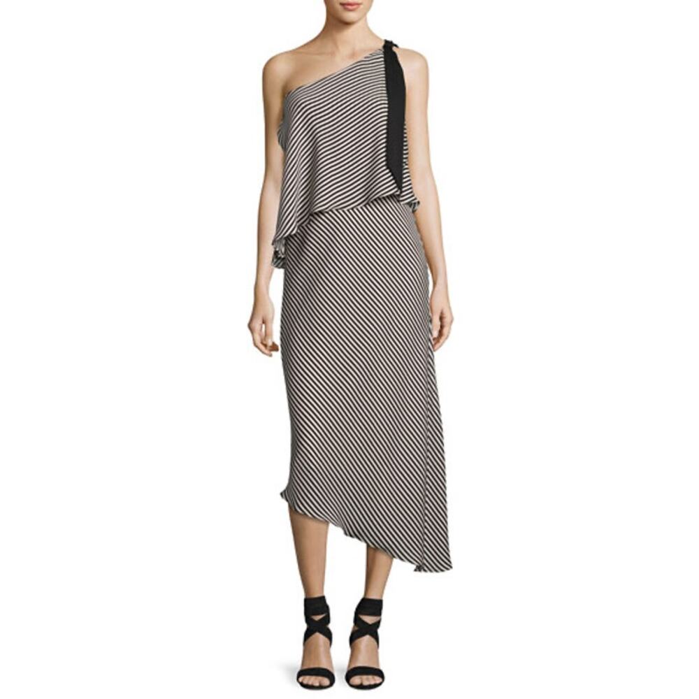 Halston Heritage Black White Striped Asymmetrical One Shoulder Midi Dress  XS